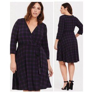 Torrid Jersey Knit Dress Faux Wrap V-Neck Purple Black Plaid Women's Sz 3 (3X)